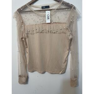 CBR Women's Blouse Sheer Sleeve Neckline Pearl Beading Beige Ruffles XL Feminine